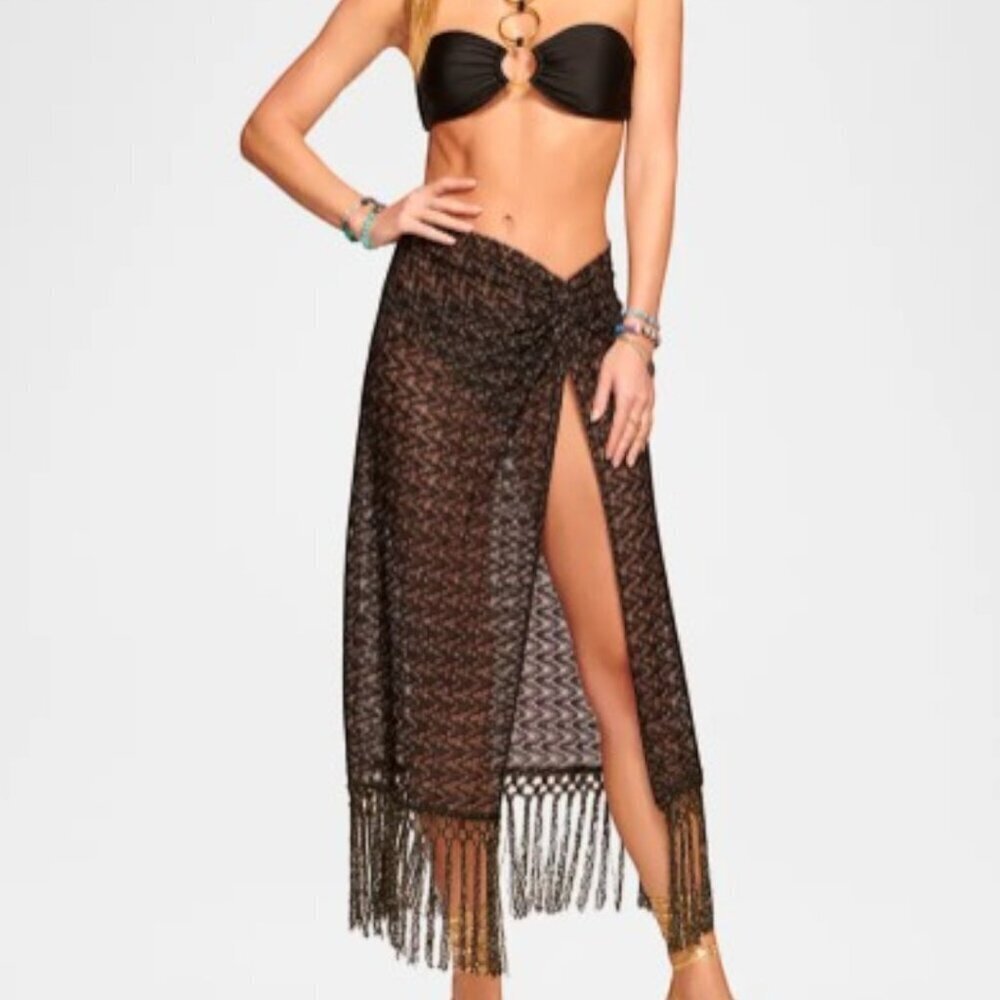 Ramy Brook Gaia Metallic Crochet-Knit Midi Skirt Swimwear Wrap Black Size XS
